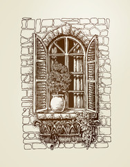 Window with wooden shutters. Vintage sketch. Vector illustration
