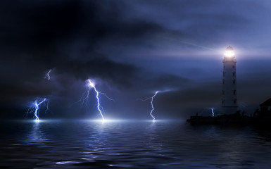 Naklejka na ściany i meble lighthouse in a storm. Thunderstorm over the sea, lightning beat