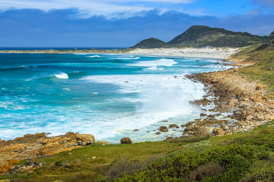 The beautiful landscape of the Atlantic coast of Scarborough Beach near village of Misty Cliffs, Cape Peninsula in South Africa.