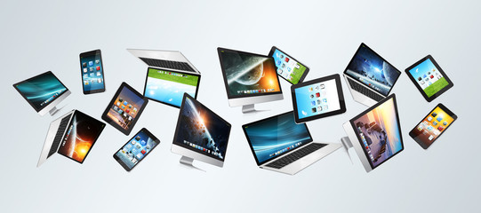 Numerous tech devices flying &lsquo;3D rendering&rsquo;