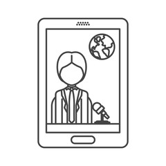 smartphone with news journalist man and earth icon on screen. vector illustration