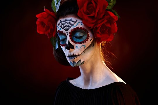 Woman In Santa Muerte Mask Eyes Closed