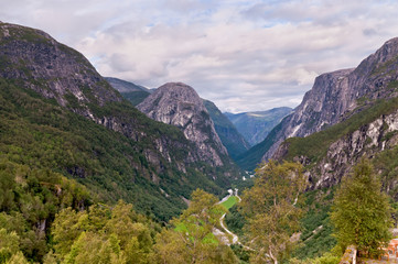 Fototapeta na wymiar View on Naeroydalen valley from Stalheim, Norway