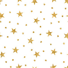 Stars polka dots seamless pattern gold and white retro background. Abstract bright golden design for wallpaper, christmas decoration, confetti, textile, wrapping. Symbol holiday Vector illustration