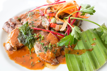 Closeup of pork stew Meat with vegetables