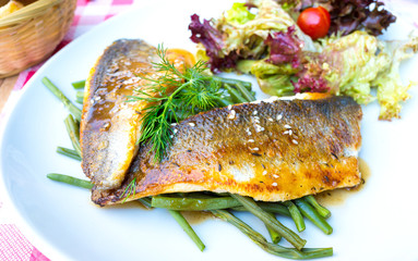grilled seafood and vegetables-french cuisine dish with many veg