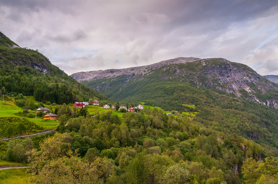 Small village of Naeroydalen valley, Norway
