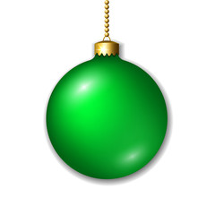 Merry Christmas 3D ball decoration. Green glass bauble, isolated on white background. Bright shiny decorative holiday design. symbol Xmas, Happy New Year celebration. Vector illustration