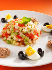 Tunisian salad with cucumbers, tuna fish, eggs and olives. Verti