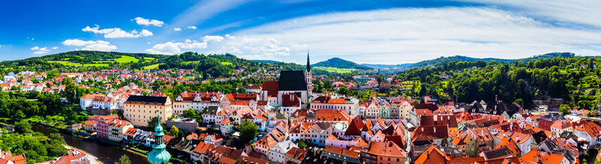 Fototapeta na wymiar Panoramic aerial view over the old Town of Cesky Krumlov, Czech Republic. UNESCO World Heritage Site