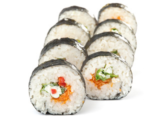 Maki sushi isolated on white background, shot from above