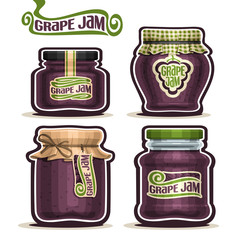 Vector logo Grape Jam in glass Jars with paper cover lid, Pot home made blue grape jams, twine rope bow, set homemade fruit jam jar, farm jelly pot with label, checkered cloth cap, isolated on white.