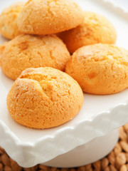 Group of homemade cookies on a white bowl.