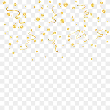 Gold confetti celebration isolated on transparent background. Falling golden abstract decoration for party, birthday celebrate, anniversary or Christmas, New Year. Festival decor Vector illustration