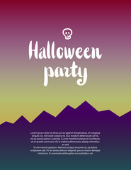 Halloween vector background. Design element for October 31st poster or invitation card. Scary mountain landscape with lettering and skull