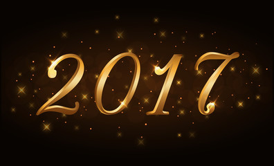 Happy New Year background. Gold numbers 2017 card. Christmas design with light, vibrant, glow and sparkle, stars, glitter. Symbol of holiday, celebration. Luxury golden texture. Vector illustration