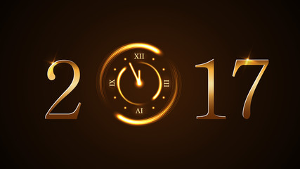 Happy New Year background with magic gold clock countdown. Golden numbers 2017. Christmas night design light and glitter. Symbol of wish, celebration. Luxury greeting decoration. Vector illustration