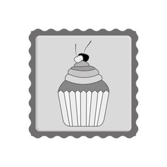 post stamp with sweet cupcake dessert with cherry decoration icon inside. vector illustration