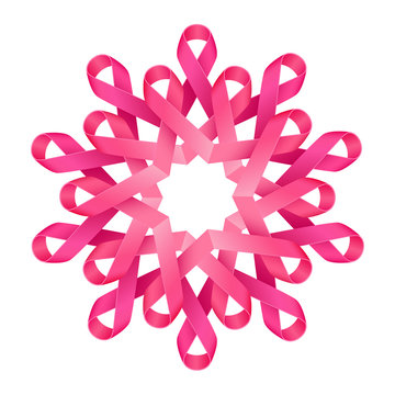 Pink ribbons breast cancer awareness symbolic decorative flower, symbol of people gathering, help and support