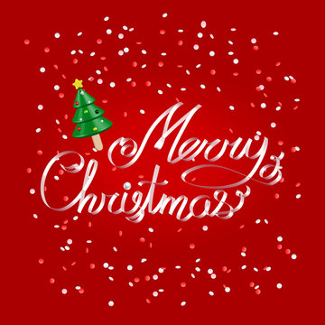 Merry Christmas greetings white ribbon lettering over festive red background with christmas tree icecream and confetti