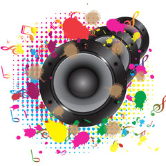 Audio speaker with colorful musical note background