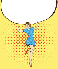 Woman holds blank white paper poster. Pop art comic retro style vector illustration. Put your own text template
