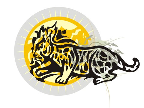 Lynx against the ornate sun. Tribal lynx with splashes and decorative sun for your design