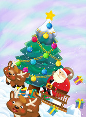 The santa claus flying with the sack full of presents - gifts - christmas tree - happy reindeer - illustration for children - christmas design