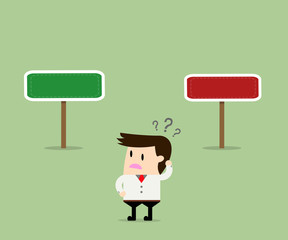 Business concept, Businessman confused about two direction. Vect