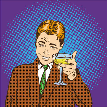 Business man with glass of champagne celebrates closed deal. Cheers and party concept vector illustration in retro pop art comic style