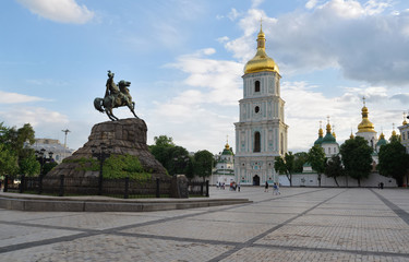 Square of Hetman Bogdan Khmelnytsky in Kyiv, Ukraine. The bell tower of Saint Sophia Cathedral is on the background.
