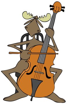 Illustration of a bull moose seated in a chair and playing a cello.