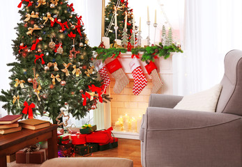 Interior of beautiful living room decorated for Christmas
