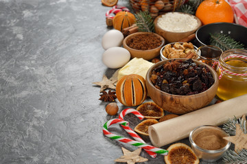 Ingredients to bake traditional Christmas fruit cake