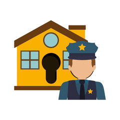 yellow house with police man icon. security system design. colorful design. vector illustration