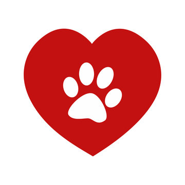 Animal love symbol red heart and paw icon sign.