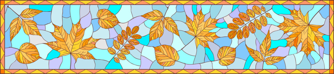Panoramic image with autumn leaves in stained glass style
