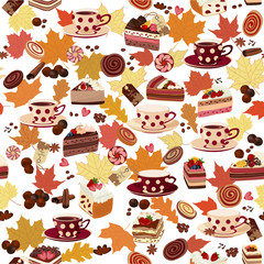 Seamless pattern with cups, candy, and autumn leaves.