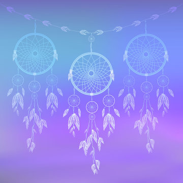 Hand drawn native Indian-American dream catcher. Boho styled. Vector illustration on a blurred background