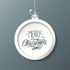 Merry Christmas greeting card with handwritten text design and christmas ball. Holiday hand drawn lettering. Vector illustration.