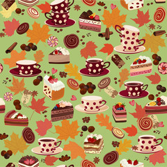 Seamless pattern with cups, candy, and autumn leaves.