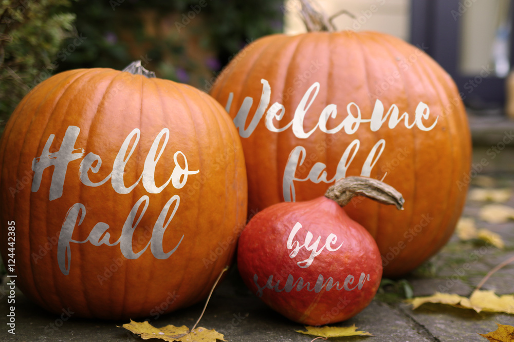 Wall mural welcome fall pumpkins - in front of a house