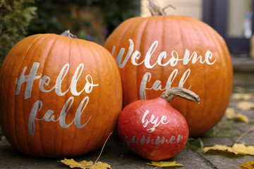 Welcome fall Pumpkins - in front of a house 