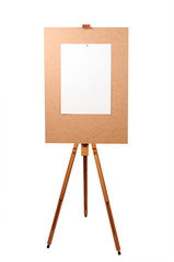 Wooden artist easel with blank paper isolated on white