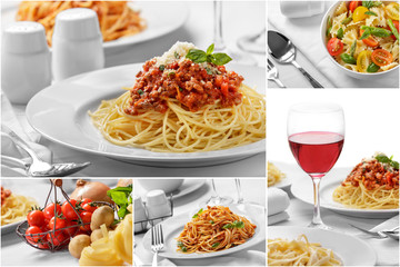 Collage of italian spaghetti with cheese and all of the ingredie