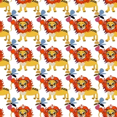 Fotobehang Cute floral seamless pattern with wild cute lion Vector modern background. © Luiza