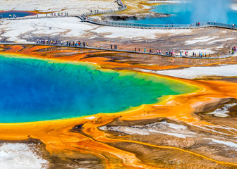 The World Famous Grand Prismatic Spring in Yellowstone National Park - obrazy, fototapety, plakaty