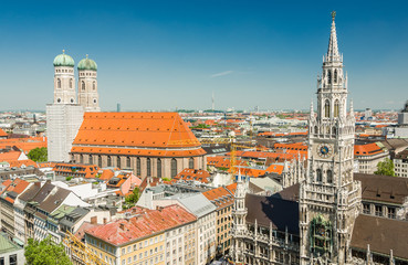 Fototapeta na wymiar Panoramic view of the Marienplatz is a central square in the city centre of Munich, Germany