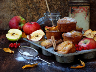 homemade muffins with apples and cinnamon. Photo Rustic. selective focus