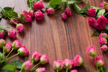 Pink roses on wooden background